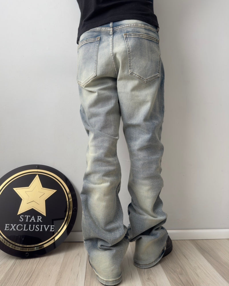 Jeans Fashion Nova Skinny Flare Vintage Blue Wash con Letras