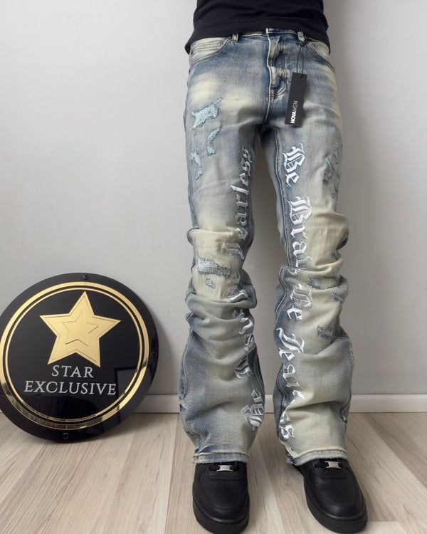 Jeans Fashion Nova Skinny Flare Vintage Blue Wash con Letras